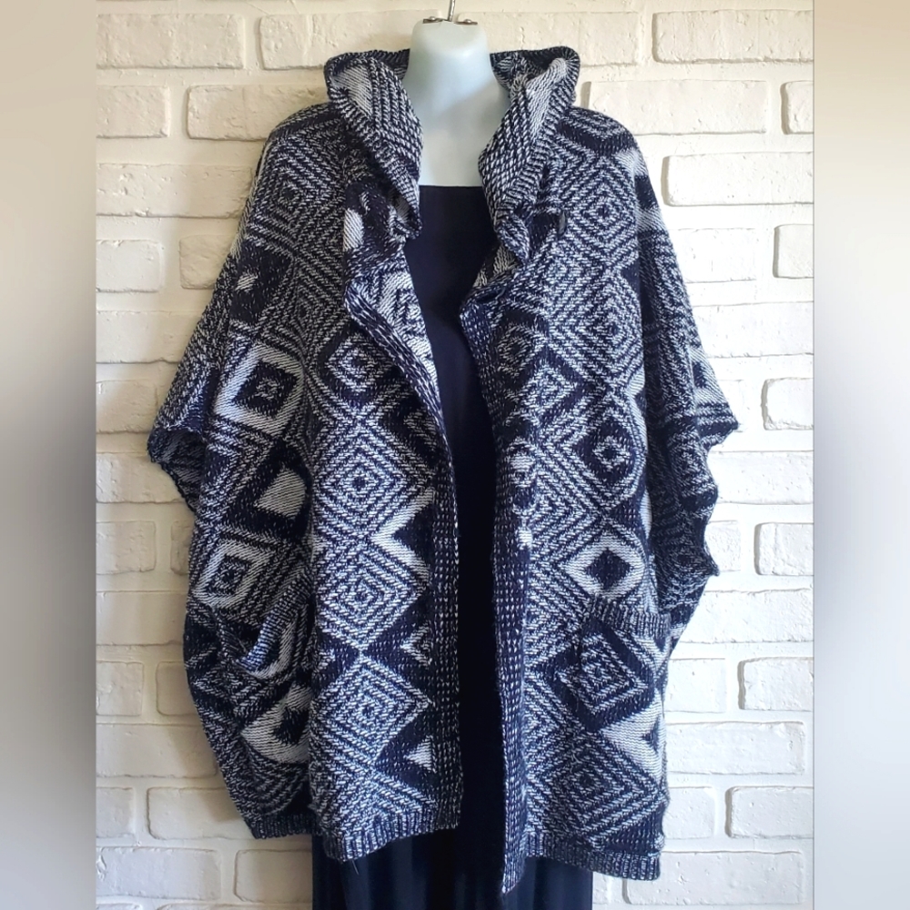 FYLO London Oversized Open Front Cardigan Sweater Poncho Geo Size Med